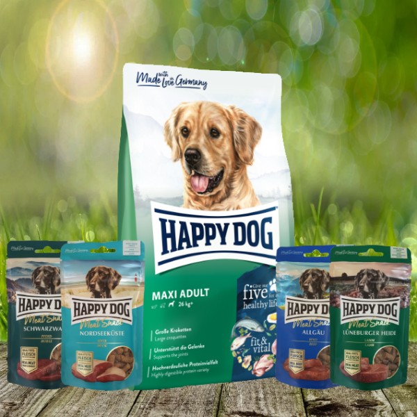 Happy Dog Fit & Vital Maxi Adult 14 kg + Meat Snack 4 x 75 g sortiert