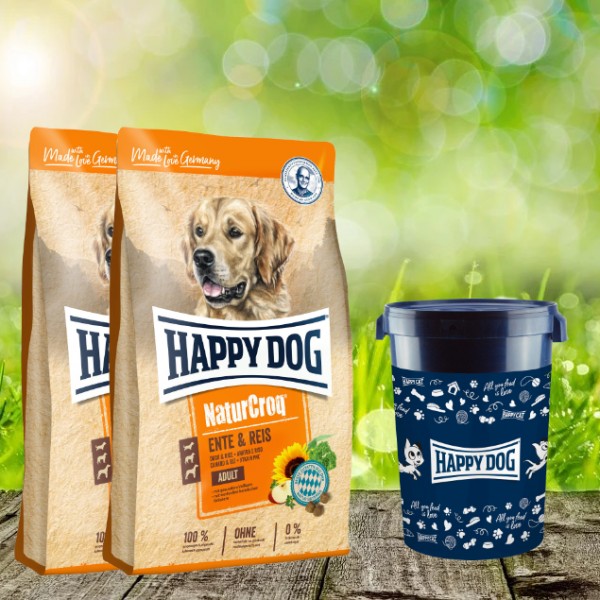 Happy Dog Premium NaturCroq Ente und Reis 2 x 12 kg inkl. Happy Dog Futtertonne 43 Liter