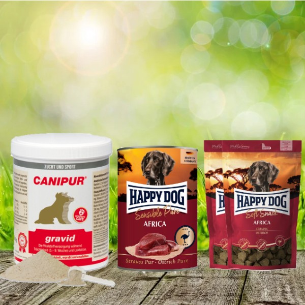Canipur gravid 500 g + 2 HD Soft Snack Africa + 1 HD Sensible Pure Africa (Strauß) 400 g