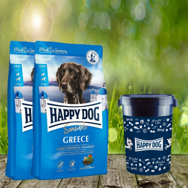 Happy Dog Supreme Sensible Greece 2 x 11 kg inkl. Happy Dog Futtertonne 43 Liter