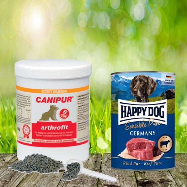 Canipur arthrofit 150 g + 400g Happy Dog Sensible Pure Germany (Rind) geschenkt