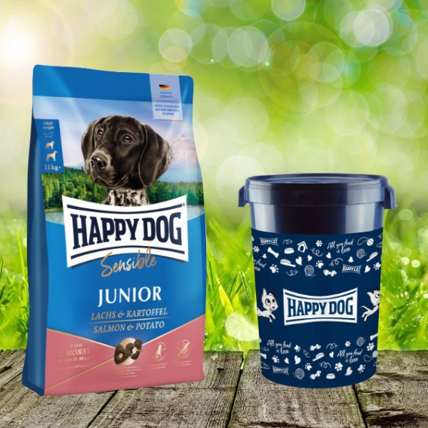 Happy Dog Sensible Junior Lachs & Kartoffel 10 kg + Happy Dog Futtertonne 43 Liter *geschenkt*