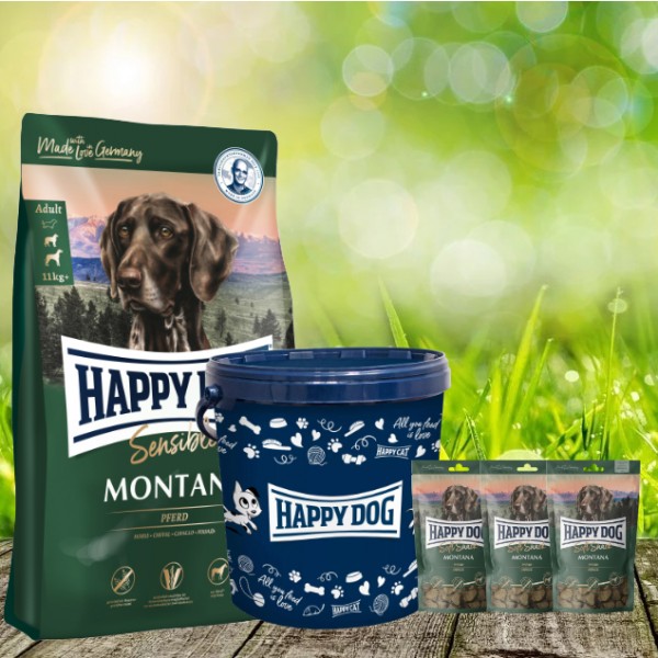 Happy Dog Supreme Montana 4 kg + 3 x 100 g. Happy Dog Soft Snack Montana + Futtertonne 20 Liter