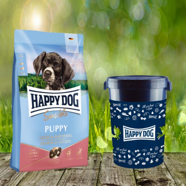 Happy Dog Sensible Puppy Huhn, Lachs & Kartoffel 10 kg + Happy Dog Futtertonne 43 Liter *geschenkt*