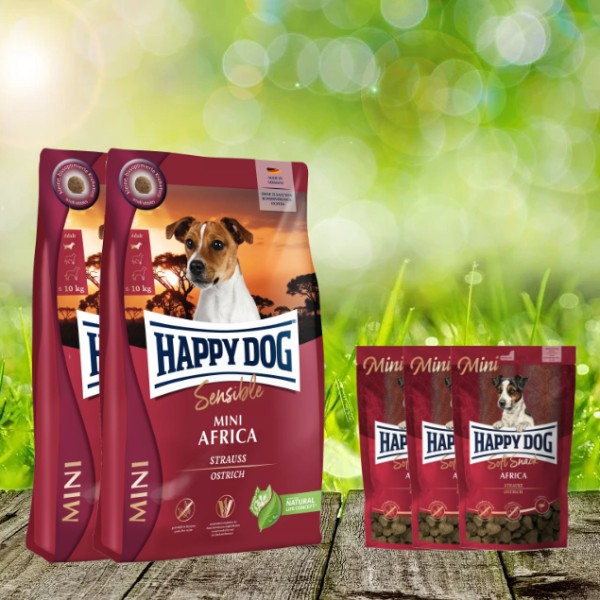 8 kg Happy Dog Supreme MINI Africa 2 x 4 kg + 3 x 100 g. Happy Dog Soft Snack MINI Africa geschenkt