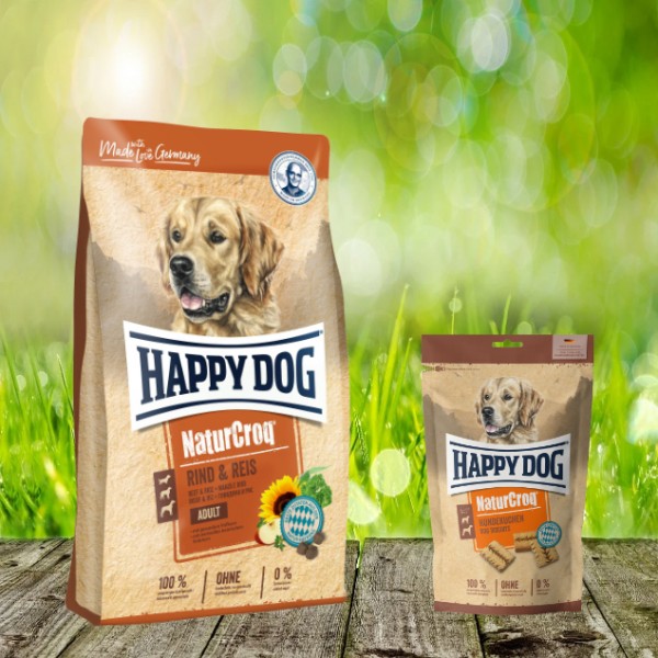 Happy Dog Premium NaturCroq Rind und Reis 15 kg + Natur Croq Snack Hundekuchen 700 g geschenkt