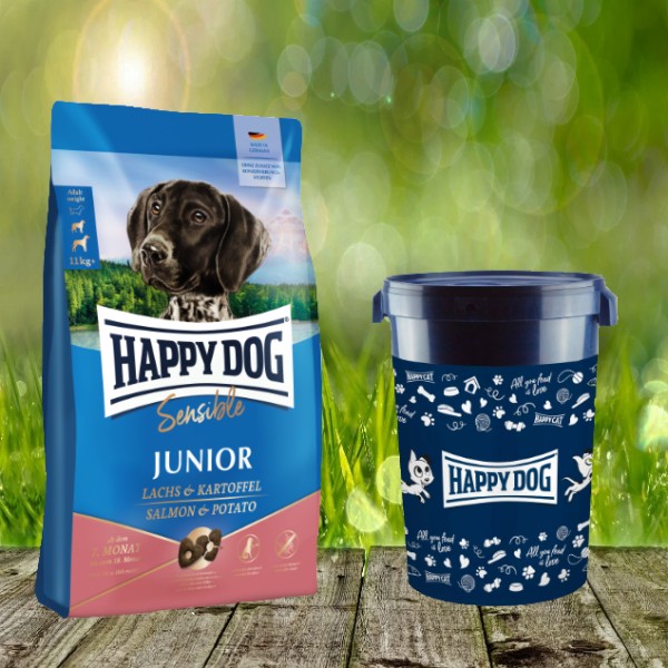 Happy Dog Sensible Junior Huhn, Lachs & Kartoffel 10 kg + Happy Dog Futtertonne 43 Liter *geschenkt*