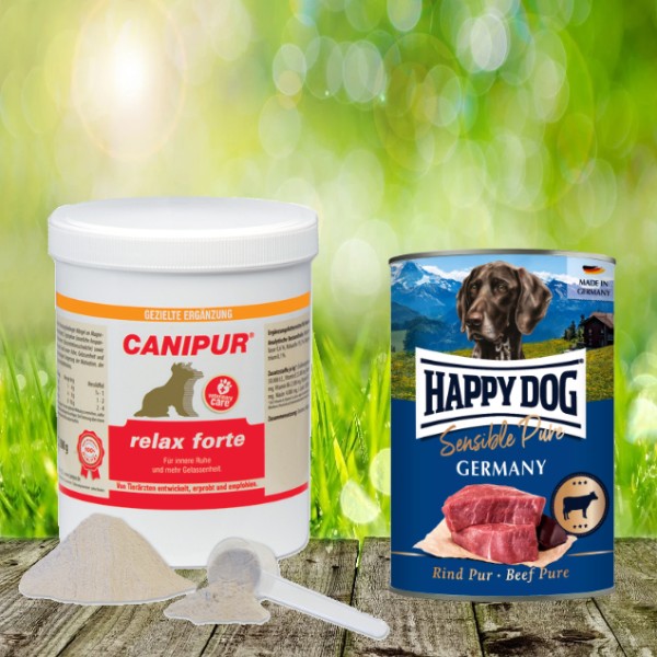 Canipur relax forte 500 g + 400 g Happy Dog Sensible Pure Germany (Rind) geschenkt