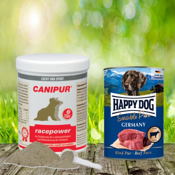 Canipur racepower 1000 g + 400 g Happy Dog Sensible Pure Germany (Rind) geschenkt