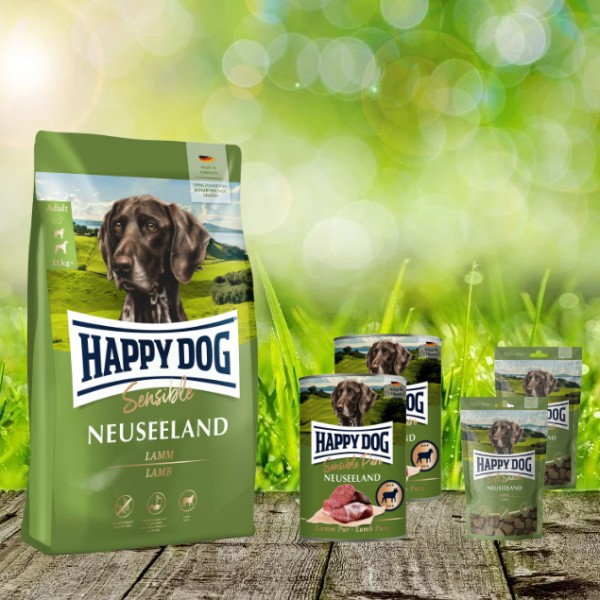 12,5 kg Happy Dog Aktionspaket Sensible Neuseeland inkl. Dosen Pur und Leckerli