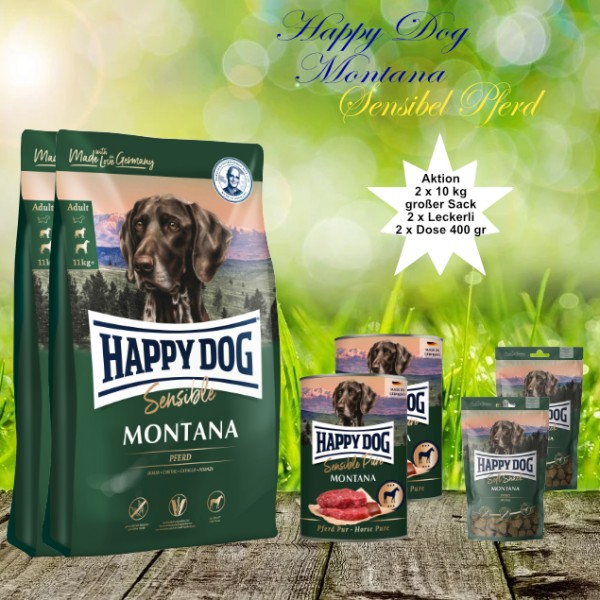 2 x 10 kg Happy Dog Aktionspaket Sensible Montana + Dosen pur und Leckerli geschenkt