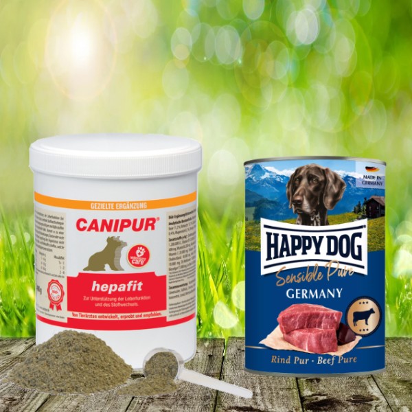 Canipur hepafit 400 g+ 400 g Happy Dog Sensible Pure Germany (Rind) geschenkt
