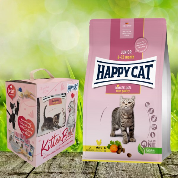 Happy Cat Young Junior Land-Ente 2 x 4 kg + Happy Cat Kitten und Junior Box geschenkt