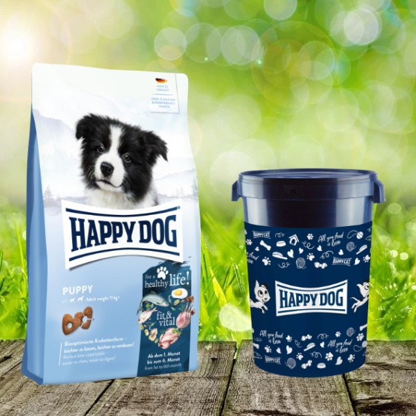 Happy Dog fit & vital Puppy 10kg + Happy Dog Futtertonne 43 Liter *geschenkt*