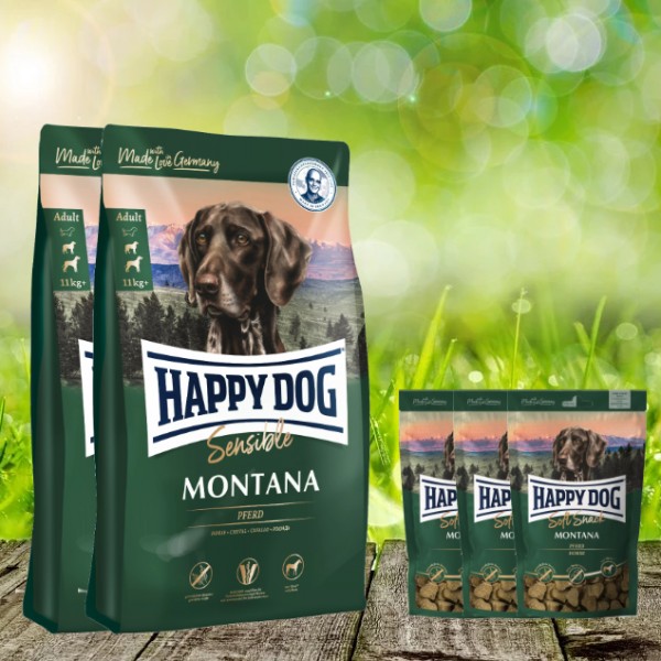 20 kg Happy Dog Supreme Montana 2 x 10 kg + 3 x 100 g. Happy Dog Soft Snack Montana (z. Zt. nicht li