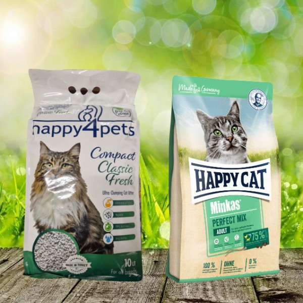 Happy Cat Minkas Perfect Mix Geflügel, Fisch & Lamm 10 kg + Happy4Pets Katzenstreu 10 Liter geschenk