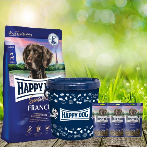 Happy Dog Supreme France 4 kg + 3 x 100 g. Happy Dog Soft Snack France + Futtertonne 20 Liter