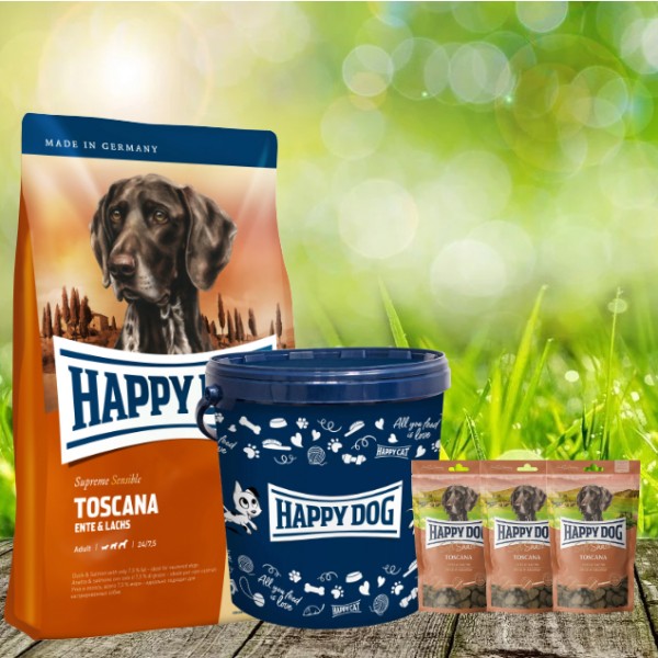 Happy Dog Supreme Toscana 4 kg + 3 x 100 g. Happy Dog Soft Snack Toscana + Futtertonne 20 Liter
