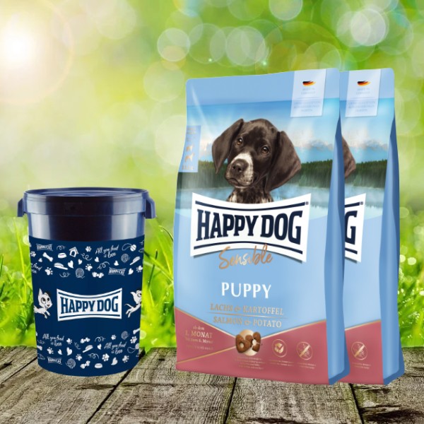 Happy Dog Sensible Puppy Lachs & Kartoffel 2 x 10 kg + Happy Dog Futtertonne 43 Liter *geschenkt*