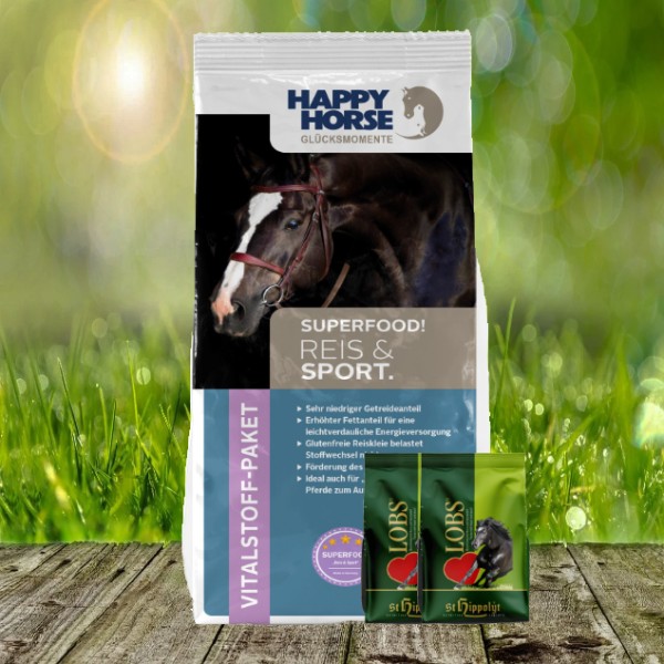Happy Horse Superfood "Reis & Sport" 14 kg + St. Hippolyt Lobs Belohnungswürfel 2 x 1 kg geschenkt