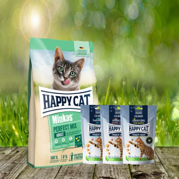 Happy Cat Minkas Perfect Mix Geflügel, Fisch & Lamm 10 kg + Happy Cat Crunchy Snack 3 x 70 g