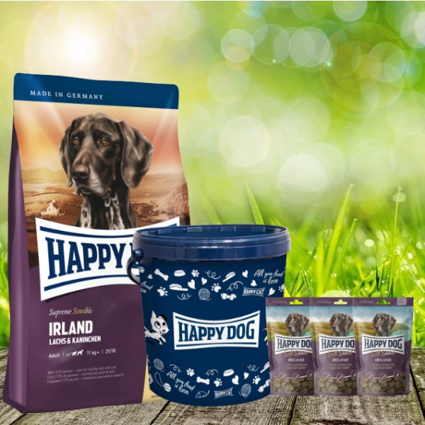 Happy Dog Supreme Ireland 4 kg + 3 x 100 g. Happy Dog Soft Snack Ireland + Futtertonne 20 Liter