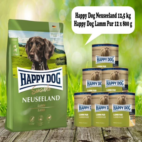 Happy Dog Sensible Neuseeland 12,5 kg plus Happy Dog Dose Lamm pur 12 x 800 g