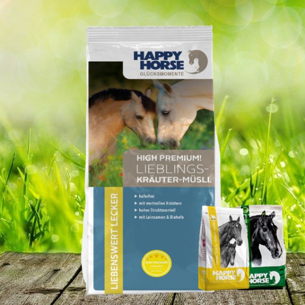 Happy Horse High Premium "Lieblings Kräuter Müsli" 14 kg + 2 x 1 Kg Happy Horse Lecker Snack