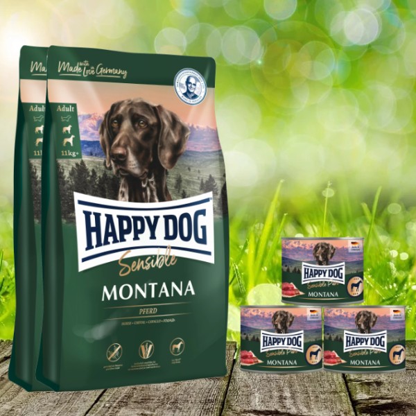 Happy Dog Montana 2 x 10 kg + Sensible Pure Montana 3 x 200 g geschenkt (alternativ zum Soft Snack)