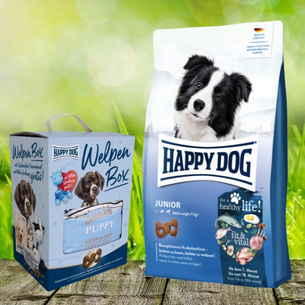 Happy Dog fit & vital Junior + Happy Dog Sensible Puppy Lamm & Reis Box geschenkt