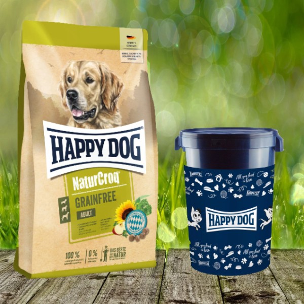 Happy Dog NaturCroq Grainfree 15 kg + Happy Dog Futtertonne 43 Liter geschenkt