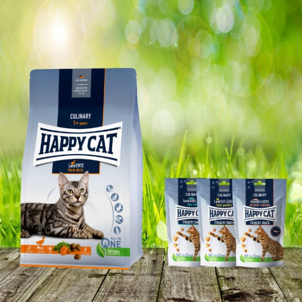 Happy Cat Culinary Adult LandEnte (getreidefrei) 4 kg + 3 x 70 g Culinary Crunchy Snack zum Testen
