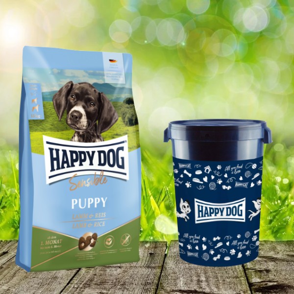 Happy Dog Sensible Puppy Lamm & Reis 10 kg + Happy Dog Futtertonne 43 Liter *geschenkt*