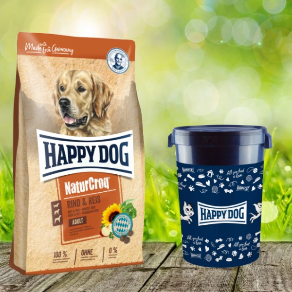 Happy Dog Premium NaturCroq Rind und Reis 15 kg inkl. Happy Dog Futtertonne 43 Liter