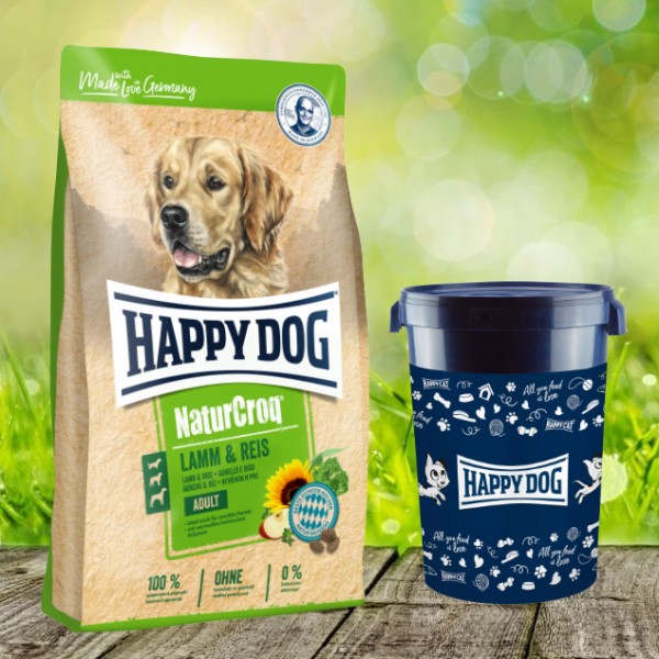 Happy Dog Premium NaturCroq Lamm und Reis 15 kg inkl. Happy Dog Futtertonne 43 Liter
