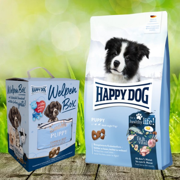 Happy Dog fit & vital Puppy + Happy Dog Sensible Puppy Lamm & Reis Box geschenkt