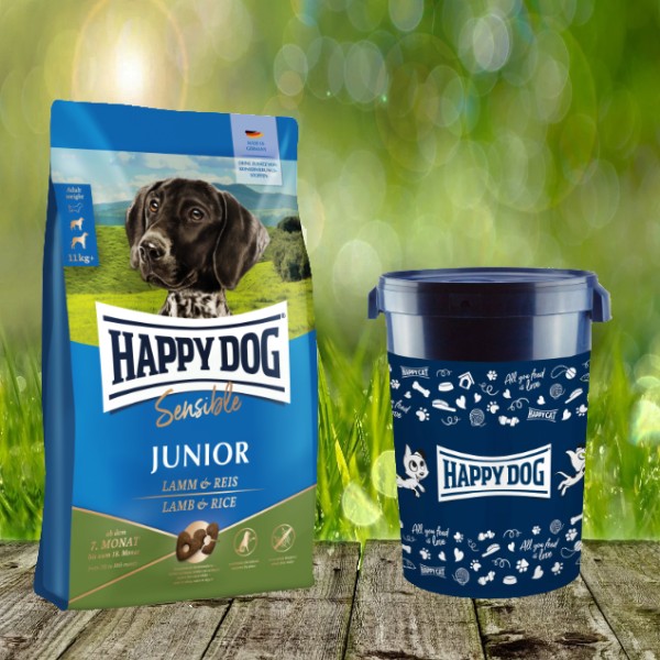 Happy Dog Sensible Junior Lamm & Reis 10 kg + Happy Dog Futtertonne 43 Liter *geschenkt*