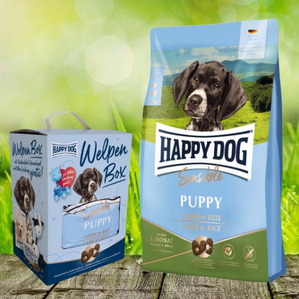Happy Dog Sensible Puppy Lamm & Reis + Happy Dog Sensible Puppy Lamm & Reis Box geschenkt