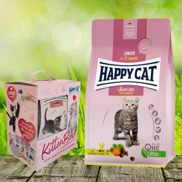 Happy Cat Young Junior Land-Geflügel 10 kg + Happy Cat Kitten und Junior Box geschenkt