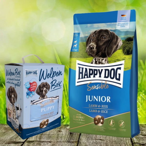 Happy Dog Sensible Junior Lamm & Reis + Happy Dog Sensible Puppy Lamm & Reis Box geschenkt